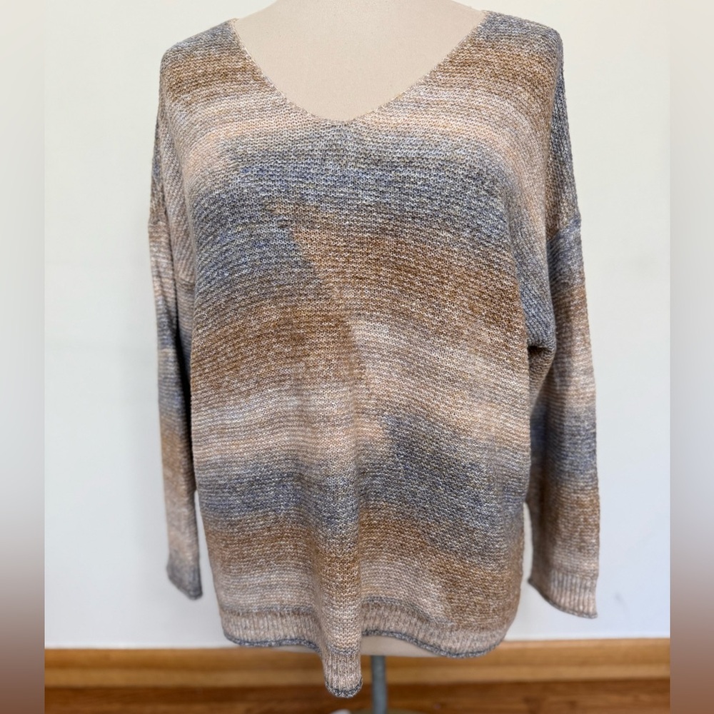 Cozy Knit Sweater in Shades of Brown, Blue and Cream